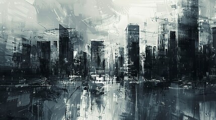 Skyscrapers abstract, oil effect, monochrome, high noon, panoramic view.  - obrazy, fototapety, plakaty