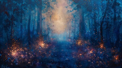 Mystic forest, oil paint, ethereal lights, twilight, wide angle, dreamy haze.  - obrazy, fototapety, plakaty