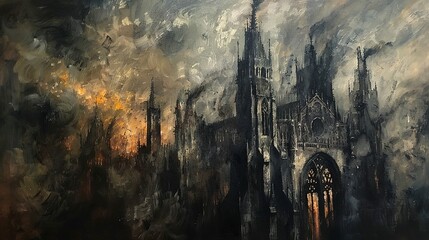 Fototapeta premium Abstract, oil painted, Gothic architecture, dark hues, stormy sky, mid-angle. 