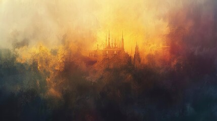 Fototapeta premium Fantasy castle, abstract oil, pastel sky, dawn light, aerial view, soft focus. 