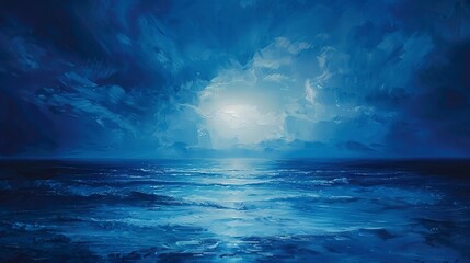 Mystical seascape, oil painting, surreal blues, twilight, panoramic, shimmering light. 