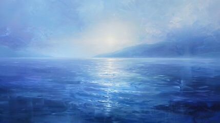 Mystical seascape, oil painting, surreal blues, twilight, panoramic, shimmering light. 