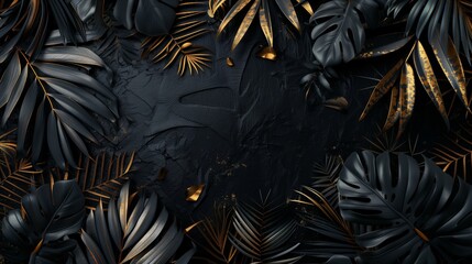 Black dark black cool background dark black and gold tropical leavs. Generated by artificial intelligence.