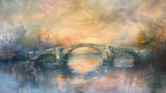 Oil painting, abstract bridges, soft pastels, dusk light, low angle, serene. 