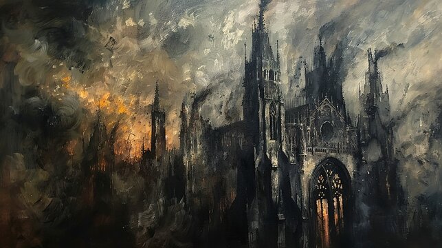 Abstract, oil painted, Gothic architecture, dark hues, stormy sky, mid-angle. 
