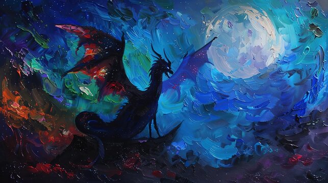 Oil paint, dragon silhouette, mystical colors, night, low angle, moonlit glow. 