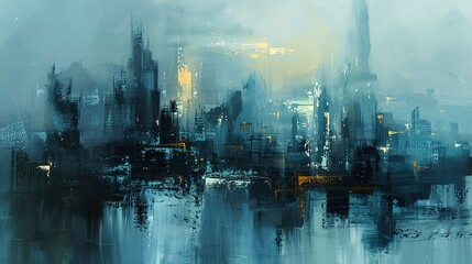 Futuristic skyline, abstract oil painting, cool tones, twilight, panoramic, soft focus. 