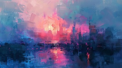 Futuristic skyline, abstract oil painting, cool tones, twilight, panoramic, soft focus.