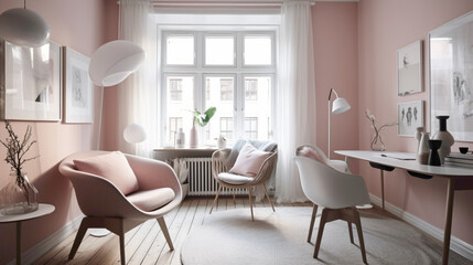 Curl up in a cozy Nordic nook with two chrs, a central table, and an empty canvas agnst a backdrop of pure pink, white, or yellow, offering a peaceful retreat for relaxation.