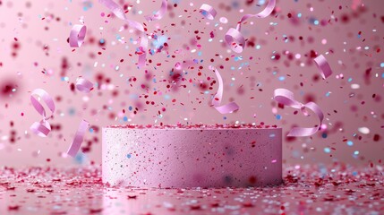 The background of a cylinder podium with confetti and ribbons. Modern illustration for advertising presentations, mock-ups, showcasing cosmetic products.