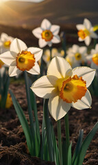 Fototapeta premium A field of blooming daffodil flowers
