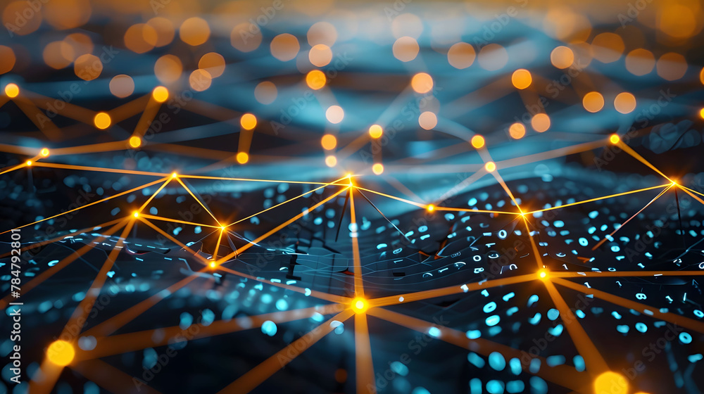 Aufkleber futuristic network nodes with glowing connections in an abstract digital landscape, bright connectio