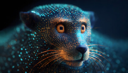 Mysterious glowing leopard with digital patterns against a dark background, bright eyes stands out against a dark, moody backdrop.