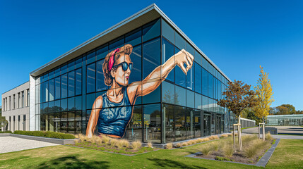 A modern glass building adorned with a mural of a boxing woman, depicting strong women, the fight for women empowerment, and the hard working ethos entwined with progress and modernity