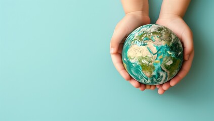 Hands Holding A Shaped World Map On A Blue Background