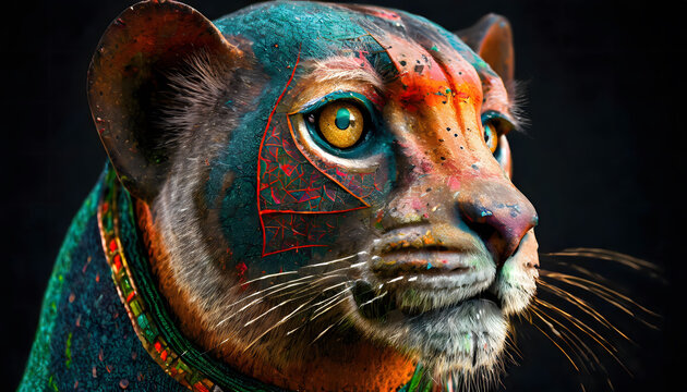 Colorful tribal painted jaguar in a realistic and artistic depiction, tribal paint against a black background, highlighting cultural art.