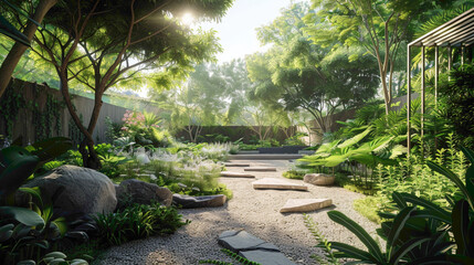 A tranquil garden with an empty canvas placed strategically, bathed in sunshine white light, providing an inspiring outdoor space where individuals can connect with nature 