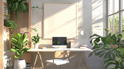A stylish home office featuring an empty canvas on the wall, illuminated by the uplifting glow of sunshine white, providing a bright and energizing environment