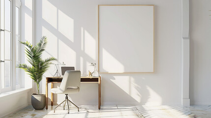 A stylish home office featuring an empty canvas on the wall, illuminated by the uplifting glow of sunshine white, providing a bright and energizing environment 