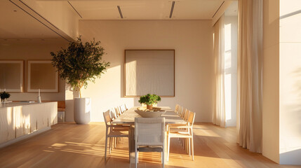 A stylish dining area with an empty canvas on the wall, bathed in the radiant glow of sunshine white, enhancing the dining experience and adding a touch of elegance to the space, 