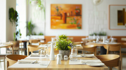 A stylish dining area featuring an empty canvas agnst a backdrop of sunshine white walls, radiating a sense of freshness and vitality that enhances the dining experience, 