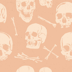 Seamless tan pink grunge skulls and bones pattern vector