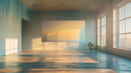 A serene yoga studio featuring an empty canvas on the wall, illuminated by sunshine white light, creating a peaceful and harmonious environment that promotes mindfulness
