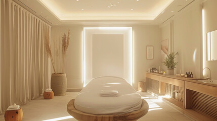 A serene spa retreat featuring an empty canvas as a focal point, illuminated by sunshine white light, creating a tranquil and rejuvenating ambiance that promotes relaxation 