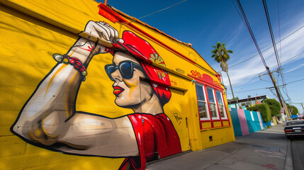 The vibrant graffiti depicts a strong, raised woman's fist as a symbol of women empowerment and female pride on a building wall