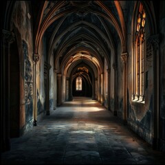 A long, shadowy corridor in a gothic castle with arched ceilings and stained glass windows creates a mysterious and atmospheric scene