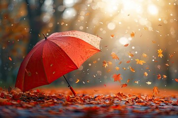 Beautiful autumn background landscape. Carpet of fallen orange autumn leaves in park and red umbrella. Leaves fly in wind in sunlight. Concept of Golden autumn.