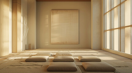 A serene meditation room with an empty canvas on the wall, illuminated by the soft glow of sunshine white, creating a peaceful and tranquil space where practitioners can find stillness 