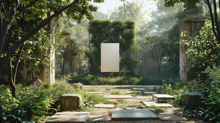 Fototapeta na wymiar A serene garden with an empty canvas strategically placed, bathed in sunshine white light, providing an inspiring outdoor space where individuals can connect with nature and unleash 