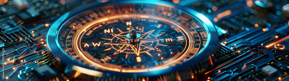 Poster compass integrated into a high-tech circuit board, symbolizing navigation and guidance in the modern
