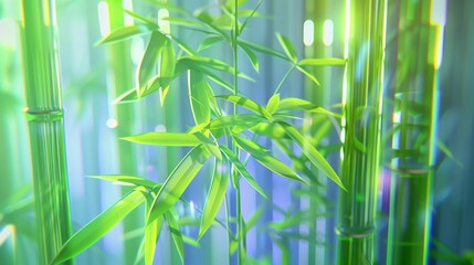 Close-up glass organic bamboo. volume digital plants, contrast, texture, neon light, surreal, fluorescencetrans plastic. Generated by artificial intelligence.