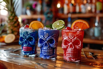 In a festive setting, two skull-shaped glasses adorned with a chili powder rim are filled with vibrant red cocktails, garnished with lime wheels and maraschino cherries.