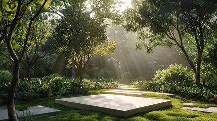 A serene garden with an empty canvas as a centerpiece, bathed in sunshine white light, providing an inspiring outdoor space where individuals can