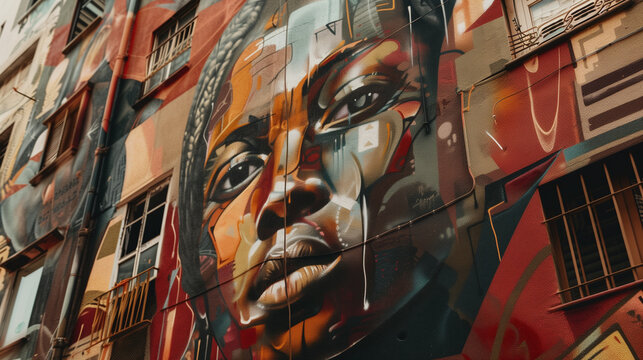 The powerful mural spotlights a determined woman's face, capturing the spirit of women empowerment and resonating with female pride