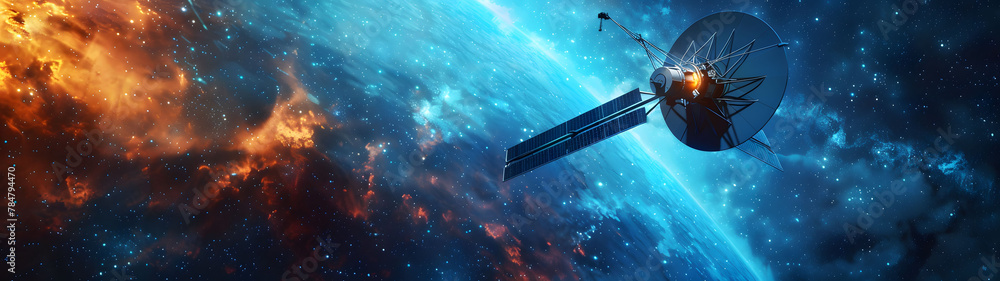 Canvas Prints spaceship traveling through a colorful space nebula, depicting concepts of exploration and adventure