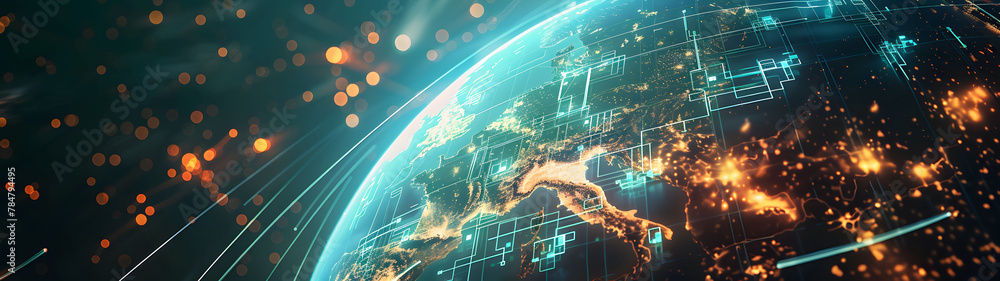 Poster global network coverage with bright lights illuminating connections across continents, illuminated b