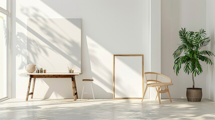 A minimalist workspace with an empty canvas agnst a backdrop of sunshine white walls, infusing the room with a sense of brightness and optimism, ideal for fostering creativity and productivity.