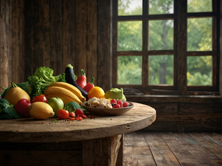Various vegetables, berries, fruits on the kitchen table