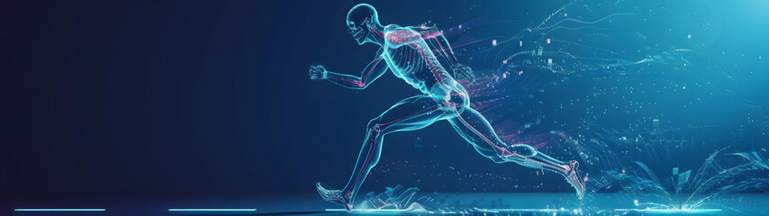 Digital illustration featuring a human x ray figure modeled in blue light, depicted in a running pose with dynamic motion trails against a dark background, wide banner.