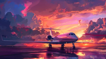 Zelfklevend Fotobehang Dramatic Sunset: Capture the private jet against a backdrop of vibrant colors during sunset, with the sky painted in hues of orange, pink, and purple. Generative AI © Hokmiran