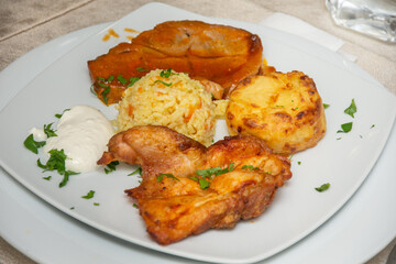 barbecue with chicken meat, fried potatoes and rice