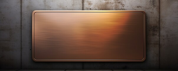 Brown large metal plate with rounded corners is mounted on the wall. It is a 3d rendering of a blank metallic signboard in a copper color with reflections on an industrial concrete background