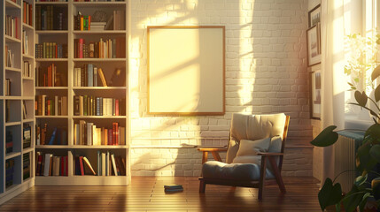 A cozy reading nook featuring an empty canvas on the wall, illuminated by the cheerful radiance of sunshine white, creating a peaceful and inviting space where book lovers can immerse themselves in  - Powered by Adobe