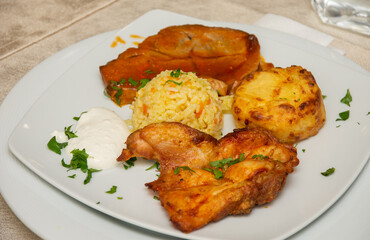 barbecue with chicken meat, fried potatoes and rice