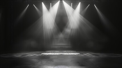 Black and white background, spotlight in of an empty room. Concrete floor and walls, cinematic light. Generated by artificial intelligence.