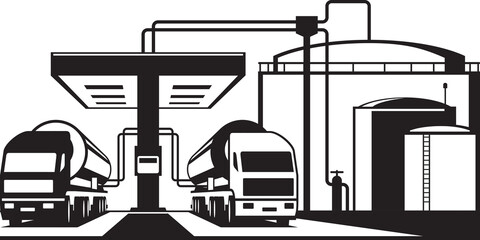 Loading oil tank trucks at petroleum terminal – vector illustration - obrazy, fototapety, plakaty
